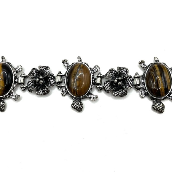 Turtle Silvertone Oval Tigers Eye Cabochon Sea Turtle Floral link Bracelet - Picture 2 of 13